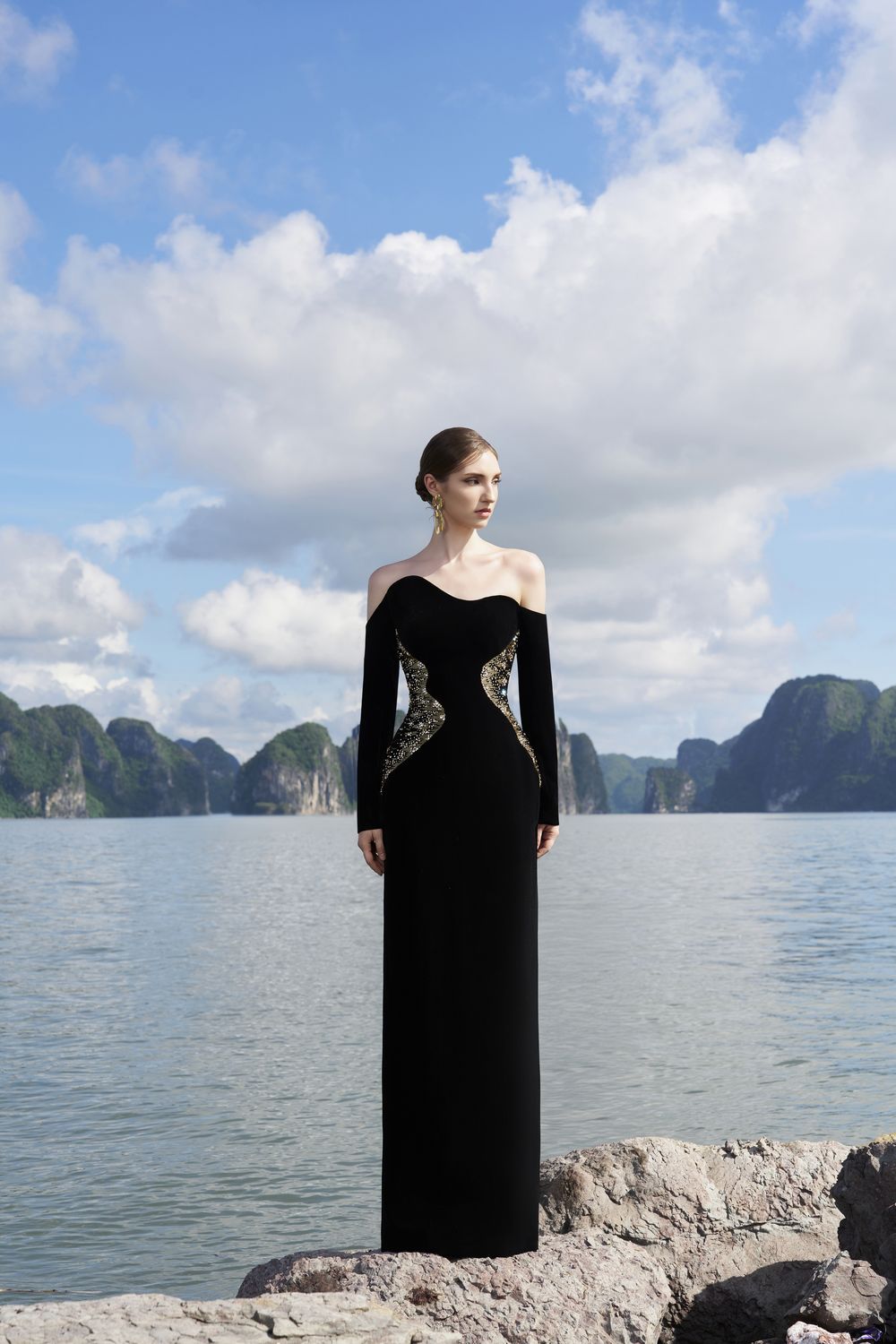 Wavy Off Shoulder Floor Length Dress